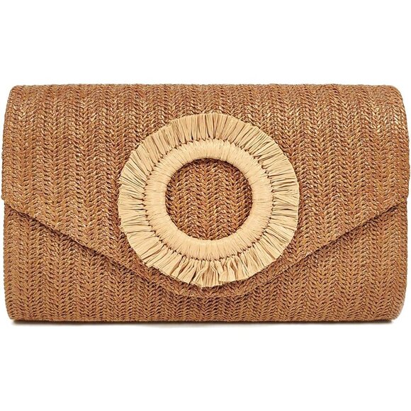Women's Tan Summer Woven Beach Bag Envelope Evening Handbags Straw Clutch - Picture 1 of 6